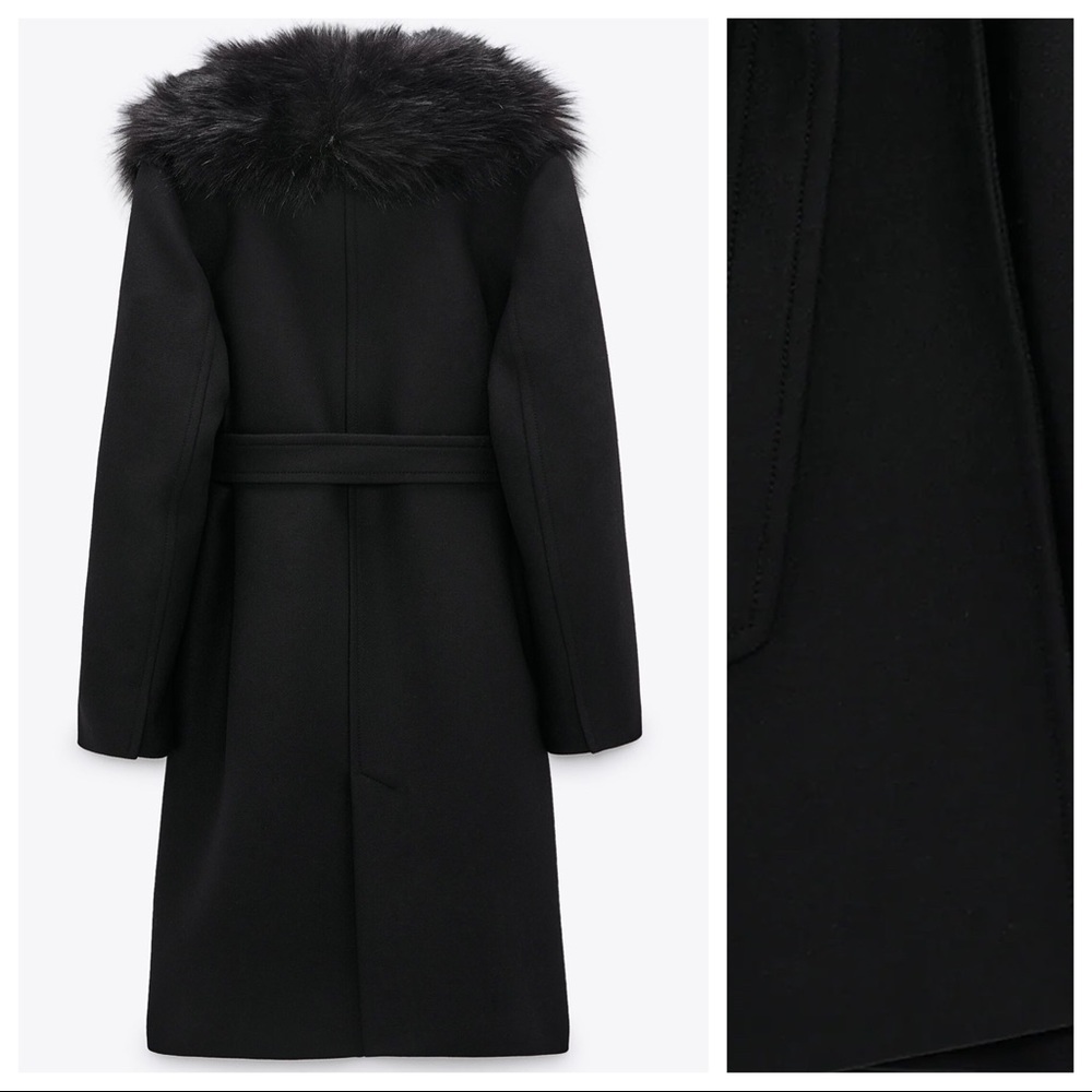 Zara Black Coat with Faux Fur Collar - Picture 5 of 11